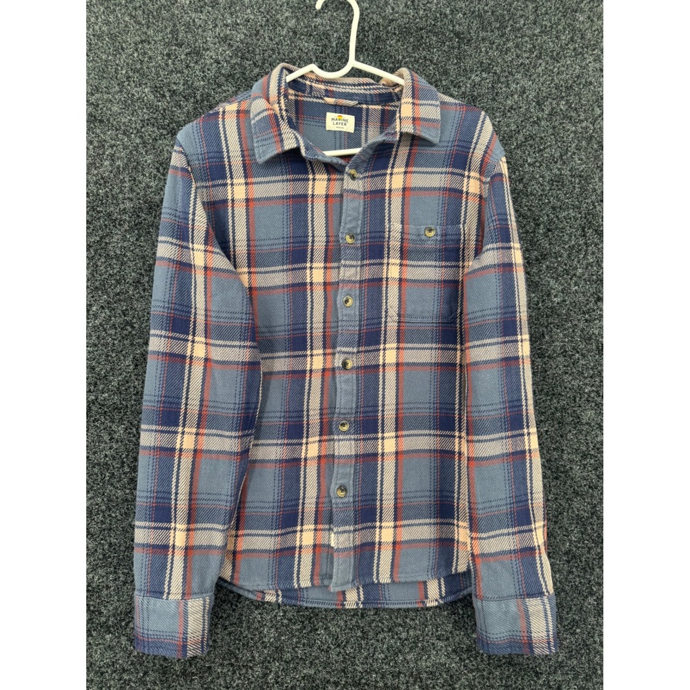 Marine Layer Mens Medium Blue Orange Plaid Flannel Button Down Shirt 100% Cotton